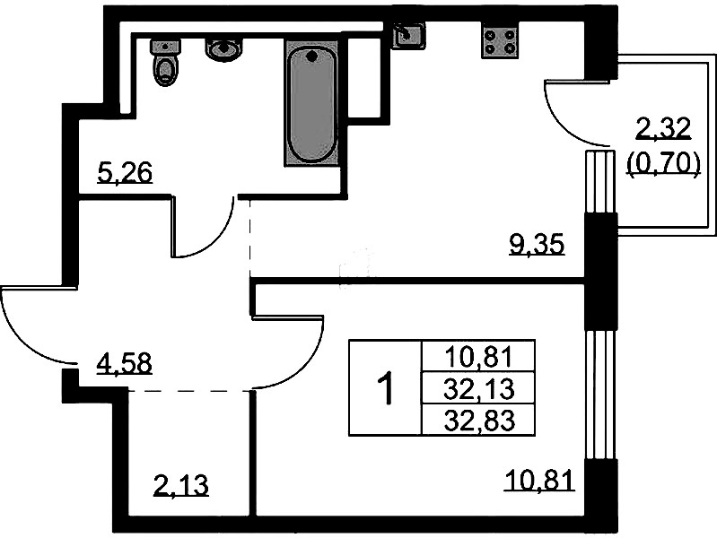 1-комнатная квартира 32.83 м², 5/9 эт., ЖК «Квартал Лаголово»